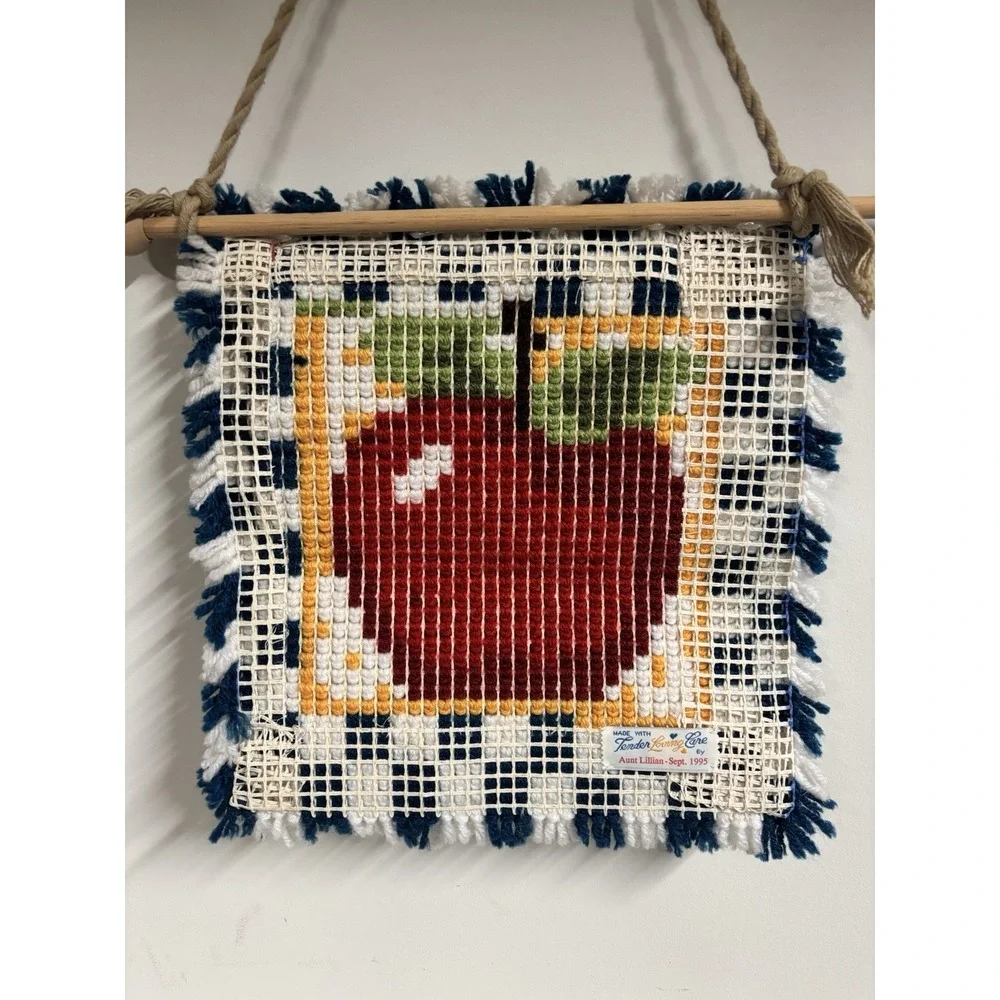 Vintage 1995 Apple Latch Hook Wall Hanging Tender Loving Care Classroom Decor